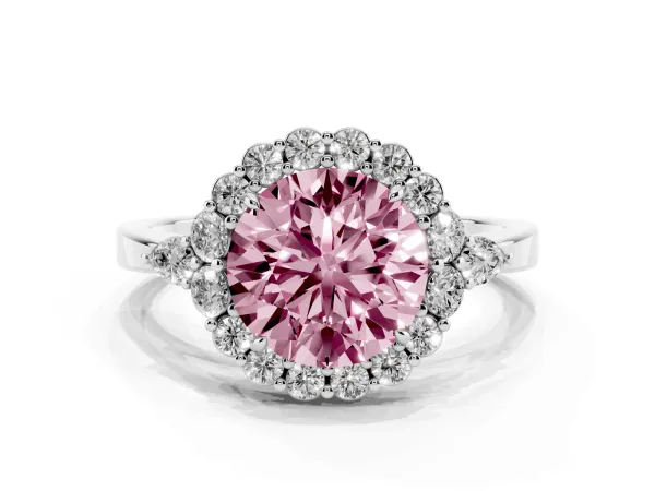 Fancy Pink Round Cut Diamond Halo Ring with Pear Side Stones and Prong Setting Platinum