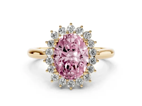 Fancy Pink Oval Cut Cut Diamond Halo Ring with Solitaire Band and Prong Setting Yellow gold