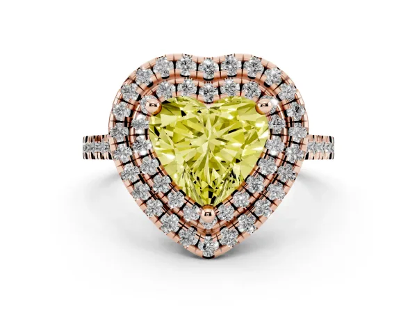 Fancy Yellow Double Halo Heart Cut Diamond Pavé Band with Four-Prong Setting Rose gold
