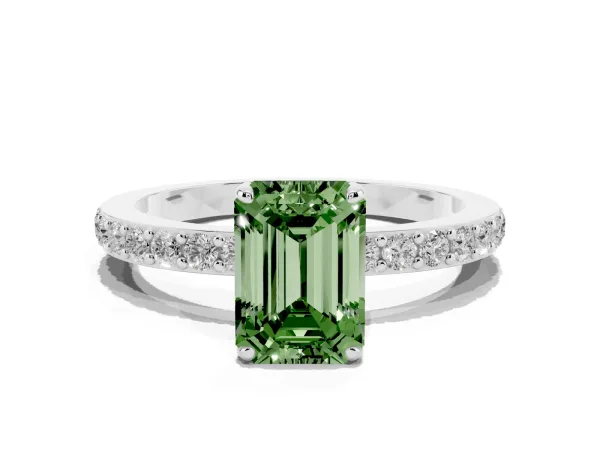 Fancy Green Emerald Cut Diamond Pavé Engagement Ring with Round Accents and Prong Setting Platinum