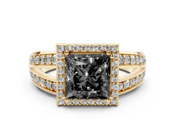 Fancy Black Princess Cut Diamond Halo Ring with Split Shank Pavé Band and Four-Prong Setting Yellow gold