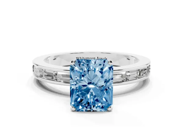 Fancy Blue Radiant Cut Solitaire Diamond Ring with Channel-Set Baguette Band and Four-Prong Setting Platinum