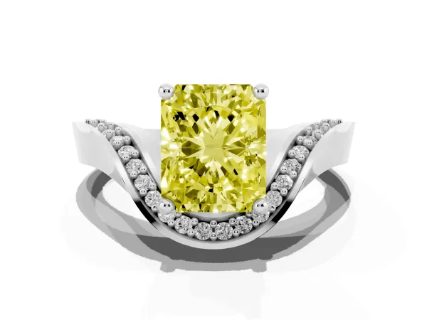 Fancy Yellow Radiant Cut Solitaire Diamond Engagement Ring with Pave Band and Four-Prong Setting White gold