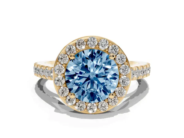 Fancy Blue Round Cut Diamond Halo Ring with Round Pavé Split Shank and Prong Setting Yellow gold