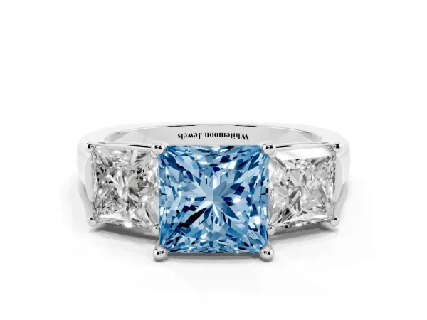 Fancy Blue Three-Stone Princess Cut Brilliant Diamond Trellis Ring with Comfort Fit Band Platinum