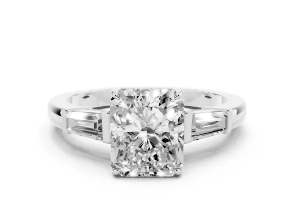 Radiant Cut Diamond Three-Stone Ring with Tapered Baguette Side Stones and Prong Setting Platinum
