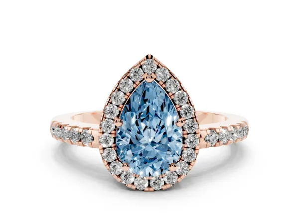 Fancy Blue Pear Cut Halo Diamond Engagement Ring with Pavé Band and Four-Prong Setting Rose gold