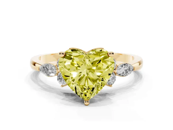 Fancy Yellow Heart Cut Brilliant Diamond Solitaire Ring with Pear Side Stones and Four-Prong Setting Yellow gold