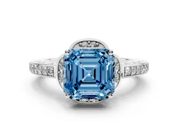Fancy Blue Asscher Cut Cut Halo Diamond Ring with Channel Set Band and Four-Prong Setting Platinum