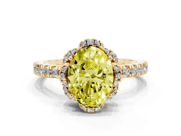 Fancy Yellow Oval Cut Diamond Halo Pave Band with Four-Prong Setting Yellow gold