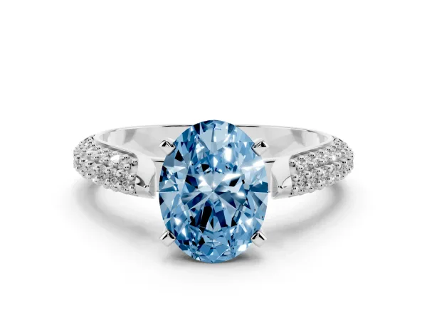 Fancy Blue Oval Cut Diamond Solitaire Engagement Ring with Multi-Row Round Pavé Band and Prong Setting White gold
