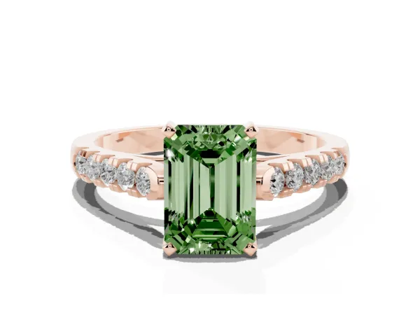 Fancy Green Emerald Cut Diamond Pavé Band Solitaire Ring with Prong Setting Rose gold