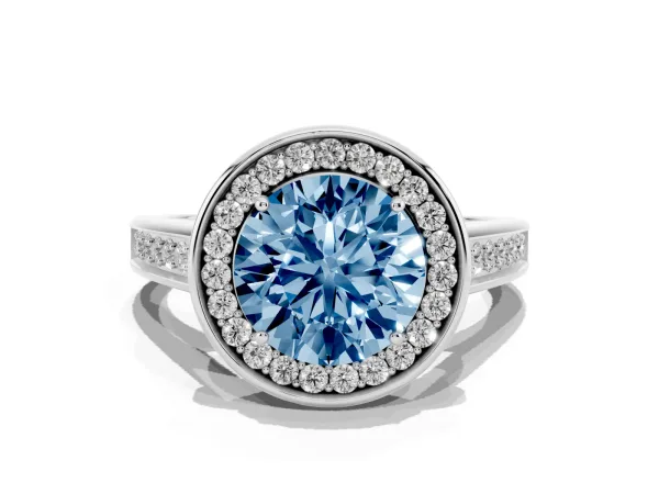 Fancy Blue Round Cut Halo Solitaire Diamond Ring with Pave Band and Bezel Setting Platinum