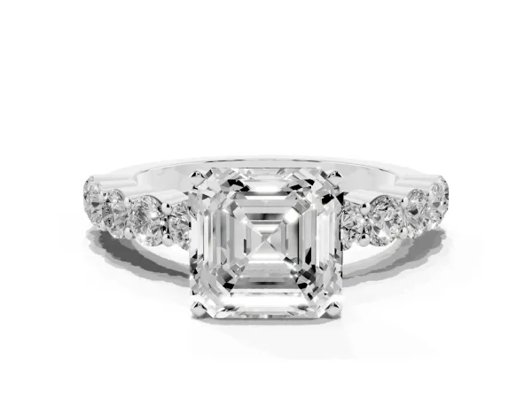 Asscher Cut Diamond Solitaire Ring with Shared Prong Round Side Stones Platinum
