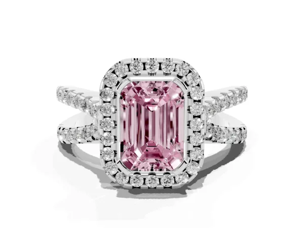 Fancy Pink Emerald Cut Diamond Halo Ring with Split Shank Pavé Band and Prong Setting Platinum