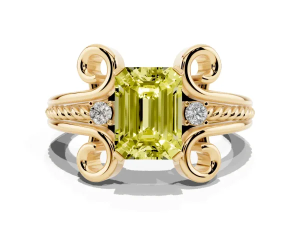 Fancy Yellow Emerald Cut Solitaire Twisted Band Scroll Prong Ring Yellow gold