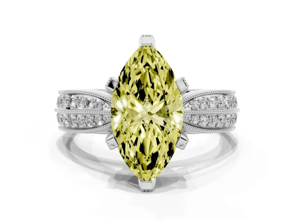 Fancy Yellow Marquise Cut Diamond Solitaire Ring with Milgrain Round Pavé Band and Prong Setting Platinum