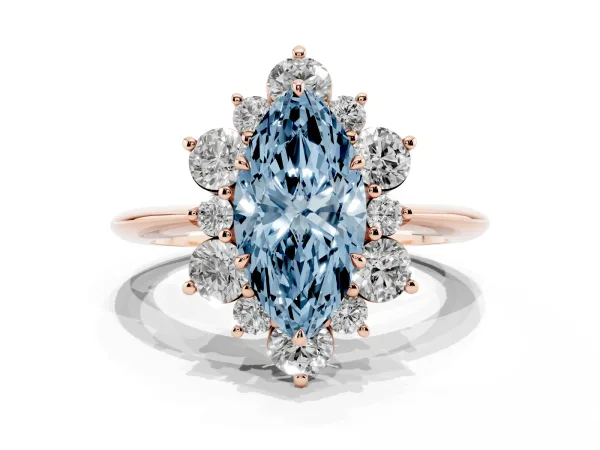 Fancy Blue Marquise Cut Diamond Cluster Halo Ring with Solitaire Band and Four-Prong Setting Rose gold