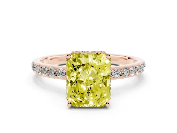 Fancy Yellow Radiant Cut Diamond Solitaire Ring with Pavé Band and Hidden Halo Rose gold