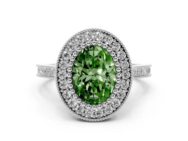 Fancy Green Oval Cut Diamond Halo Ring with Milgrain Frame and Pavé Band Platinum