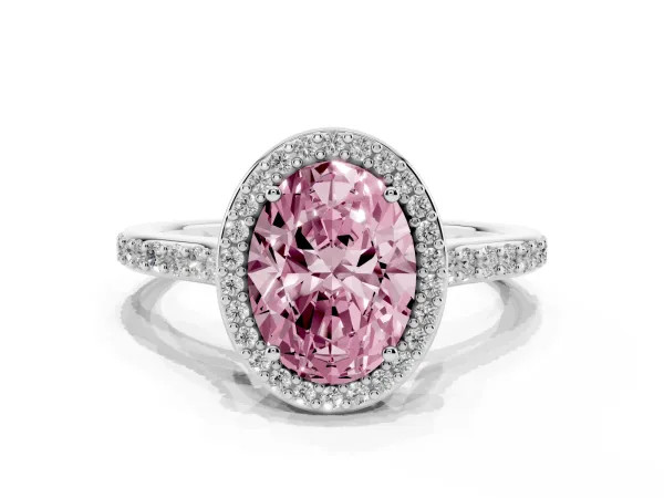 Fancy Pink Oval Cut Diamond Halo Engagement Ring with Round Pavé Shoulders and Prong Setting White gold