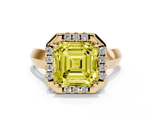 Fancy Yellow Asscher Cut Cut Halo Solitaire Engagement Ring with Square Band and Four-Prong Setting Yellow gold