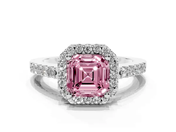 Fancy Pink Asscher Cut Halo Diamond Pavé Solitaire Ring White gold