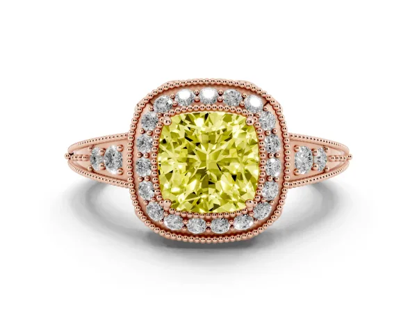 Fancy Yellow Cushion Cut Halo Diamond Split Shank Ring with Milgrain Detail Rose gold