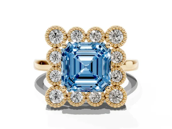 Fancy Blue Asscher Cut Halo Diamond Cluster Engagement Ring with Milgrain Bezel Setting and Solitaire Band Yellow gold