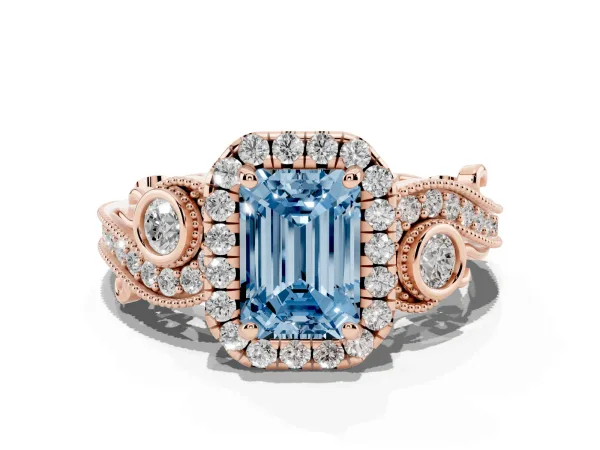 Fancy Blue Emerald Cut Halo Diamond Ring with Milgrain and Bezel Accents on a Split Shank Band Rose gold