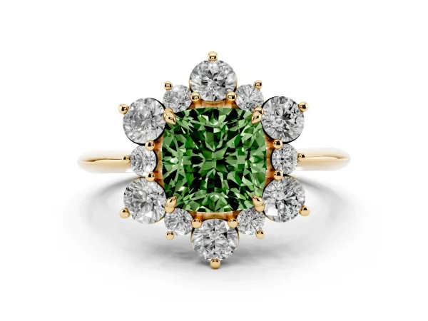 Fancy Green Cushion Cut Diamond Cluster Halo Ring with Solitaire Band and Four-Prong Setting Yellow gold
