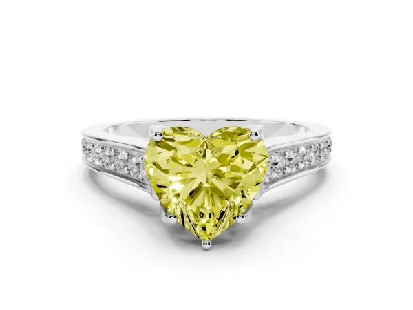 Fancy Yellow Heart Cut Brilliant Cut Diamond Engagement Ring with Pavé Band and Four-Prong Setting Platinum