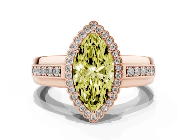 Fancy Yellow Marquise Cut Cut Halo Pave Band Four-Prong Ring Rose gold