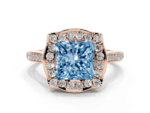 Fancy Blue Princess Cut Halo Round Diamond Pave Band with Four-Prong Setting Rose gold