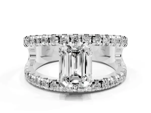 Emerald Cut Solitaire Split Shank Pave Diamond Ring White gold