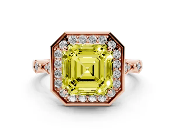 Fancy Yellow Asscher Cut Halo Diamond Engagement Ring with Twisted Band and Four-Prong Setting Rose gold