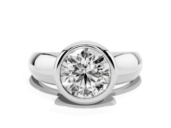 Bezel Set Round Cut Solitaire Ring with Wide Band White gold