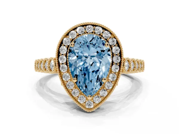 Fancy Blue Pear Cut Halo Milgrain Solitaire with Bezel Set Side Stones and Pave Band Yellow gold