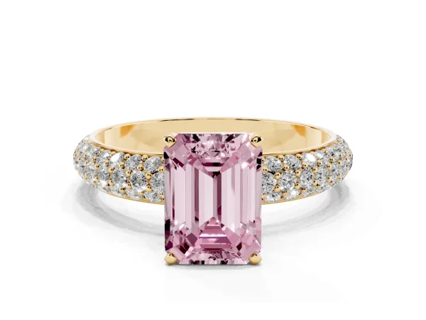 Fancy Pink Emerald Cut Diamond Solitaire Ring with Prong Setting and Pavé Band Yellow gold