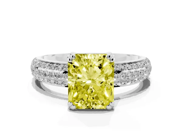 Fancy Yellow Radiant Cut Diamond Solitaire Ring with Multi-Row Round Pavé Band and Prong Setting Platinum