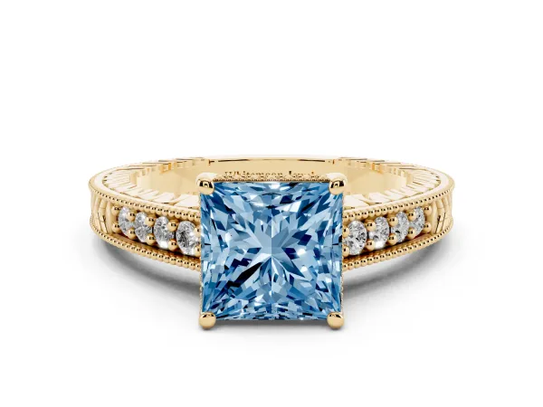 Fancy Blue Princess Cut Solitaire Pavé Diamond Milgrain Engagement Ring with Four-Prong Setting Yellow gold