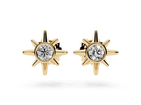 Round Diamond Sol Starburst Stud Earrings Yellow gold