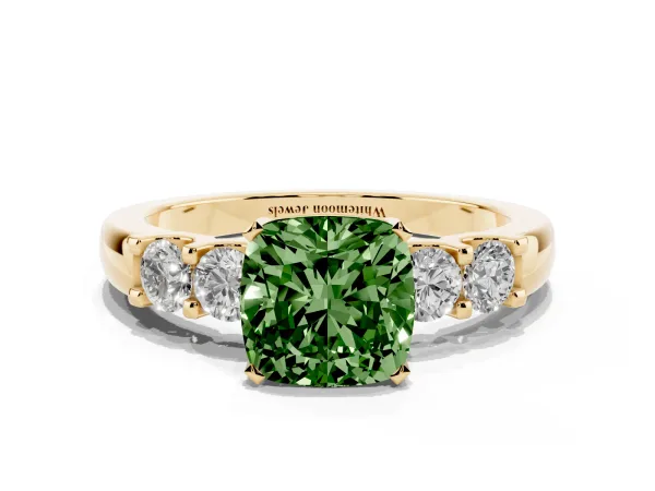 Fancy Green Cushion Cut Brilliant Cut Diamond Five-Stone Prong Set Engagement Ring with Channel Band Yellow gold