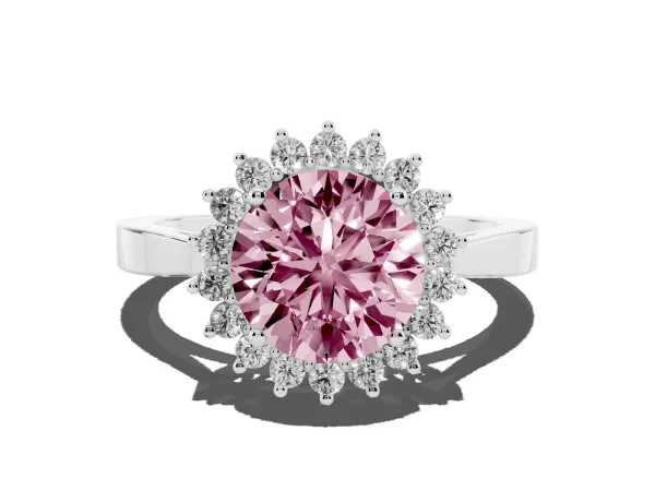 Fancy Pink Round Cut Cut Diamond Halo Ring with Round Brilliant Halo and Solitaire Band White gold