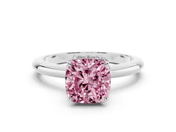 Fancy Pink Cushion Cut Brilliant Solitaire Engagement Ring with Six-Prong Setting and Classic Band Platinum