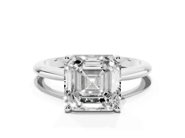 Asscher Cut Cut Solitaire Ring with Four-Prong Setting on a Classic Band Platinum