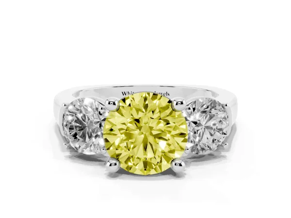 Fancy Yellow Three-Stone Round Cut Brilliant Diamond Trellis Ring with Comfort Fit Band White gold
