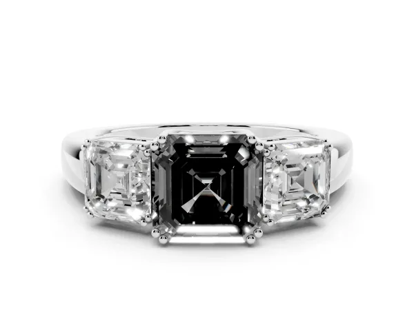 Fancy Black Three-Stone Asscher Cut Cut Diamond Ring with Channel Set Band and Four-Prong Setting Platinum