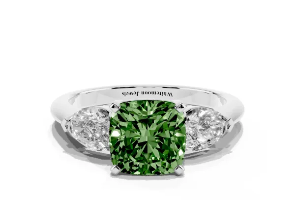 Fancy Green Three-Stone Cushion Cut Diamond Ring with Pear Side Stones and Four-Prong Setting Platinum
