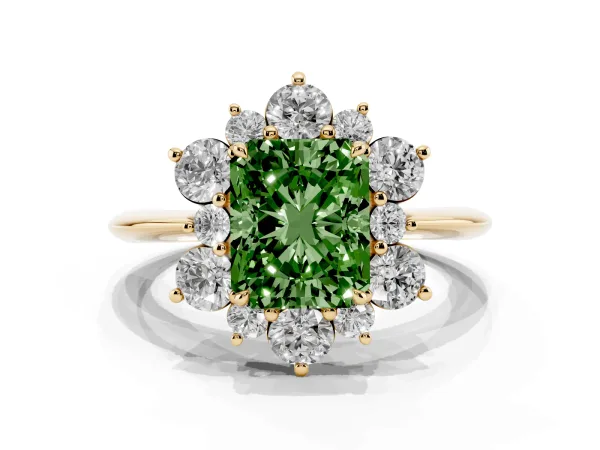 Fancy Green Radiant Cut Diamond Cluster Halo Ring with Solitaire Band and Four-Prong Setting Yellow gold